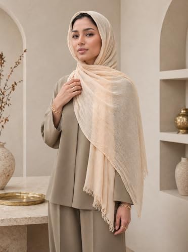 Cotton Linen Plain Hijab Scarf For Women,Muslim Viscose Crinkle Edge With Fringe,Summer Beach Wrap Headwraps Shawl - color: 21#beige