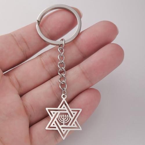 VASSAGO Star of David Keychain for Women Men Jewish Star Menorah Keyring Stainless Steel Hanukkah Keychain Religious Jewelry - color: Silver