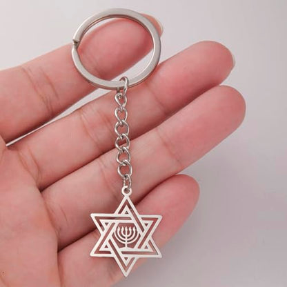 VASSAGO Star of David Keychain for Women Men Jewish Star Menorah Keyring Stainless Steel Hanukkah Keychain Religious Jewelry - color: Silver