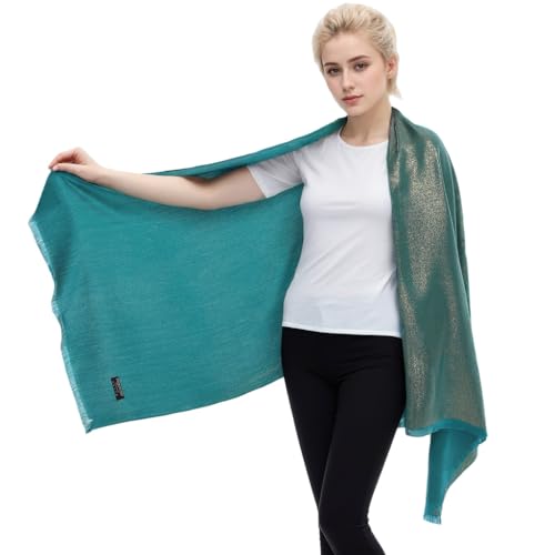 LMVERNA Women's Sparkling Metallic Soft Pashmina Shawls and Wraps Scarf in Solid Colors - color: Teal-gold