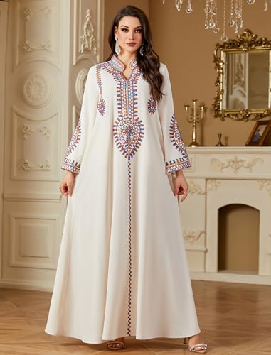 ABEWIP Muslim Dresses for Women Ramadan Kimono Long Sleeve Embroidered Islamic Prayer Dress Turkey Dubai Eid Abaya Kaftan - color: Apricot, size: XX-Large