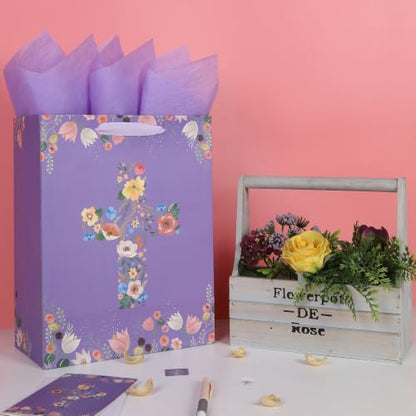 13" Large Floral Religious Gift Bag Set with Handles, Greeting Card, Purple Tissue Papers and Stickers for Women Girls, for First Communions, Baby Girl Baptisms, Christenings, Religious Occasion, Clergy Day, Cross Design, 1 Pcs - color: (13'' Large)Purple