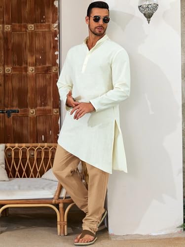 Runcati Mens Kaftan Thobe Pants Cotton Muslim Trousers Summer Kurta Pants - color: Light Khaki, size: Large
