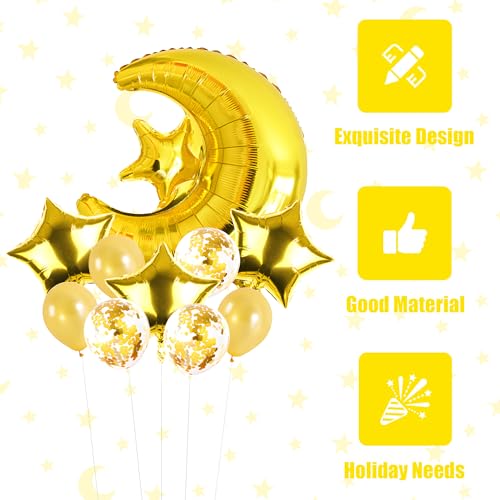 10 Pcs Moon Star Foil Balloons, 36 Inch Big Jumbo Moon Mylay Balloons and 18 Inch Star Foil Balloons for Baby Shower Birthday Wedding Party Decorations (Gold)