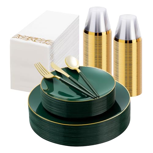 Bestluck 175 Pcs Green Gold Plastic Plates,Disposable Dinnerware Set - color: Green, size: 25 Guests