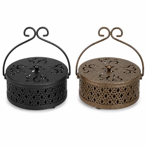 Kingrol 2 Pack Mosquito Coil Holders with Lids, Black & Antique Brass
