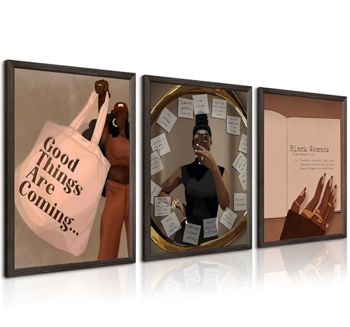 Black Girl Wall Art African American Woman Canvas Wall Decor Black Female Wall Art Fashion Women Poster Feminine Boho Pictures Abstract People Paintings for Bedroom Bathroom 12x16 Inch Framed Set of 3 - color: Black Girl Prints, size: 12"x16" Framed