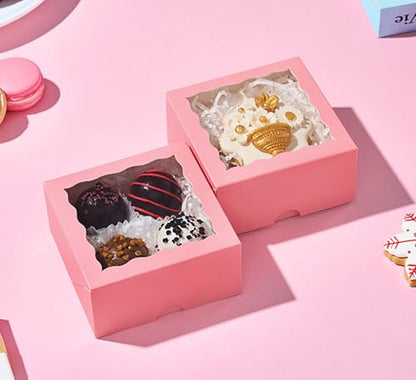 80 Pack 4x4x2 Pink Bakery Treat Boxes with Clear Window for Cookies, Mini Cake, Cinnamon Roll, Chocolate Truffle, Wedding Favor - color: Pink