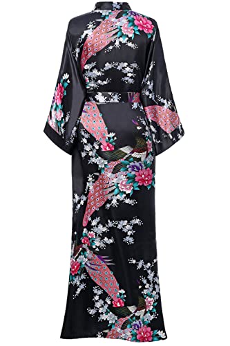 BABEYOND Women's Kimono Robe Long Satin Robes with Peacock and Blossoms Printed Kimono Nightgown - color: Black, size: One Size