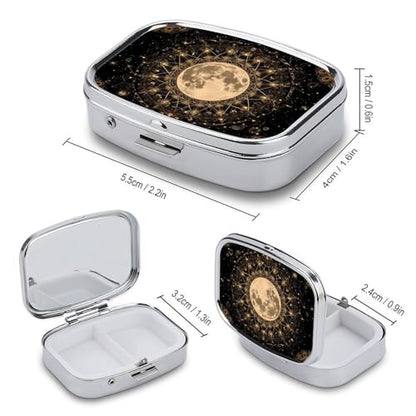 Mandala Moon Square Pill Box Metal 2.2x1.6 Inch,Medicine Storage Case Compact Travel Pill Organizer Pocket Pill Container for Daily Medication Vitamins Pills - color: Mandala Moon
