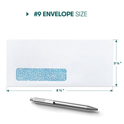 500 pack Custom Printed #9 Window Envelopes, Gummed Seal, for Quickbooks Invoices, Checks and Return Mail, Text and Logo Customization, Security Tinted White 24lb Paper, 3 7/8 x 8 7/8 Inches - size: #9 Envelopes | 500 Count