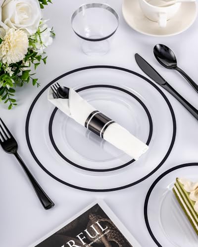BESTVIP 175 Pcs Clear Black Plastic Dinnerware Set for 25 Guests - color: Black, size: 175