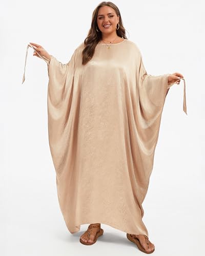 Bsubseach Women Plus Size Kaftan Dresses Moo Moos for Women Swimsuit Cover Up Swimwear Batwing Satin Caftan Beach Dress - color: Champagne