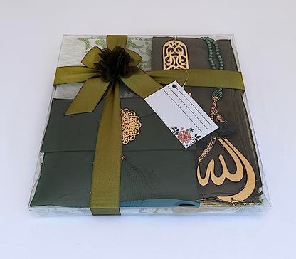 SAIKA Muslim Prayer Rug, 7 in One Gift Set, Prayer Mat Surah Book, Tasbeeh, Scarf, Surah Case, Bookmark, Car Mirror Hanger, Prayer Beads,Islamic Gift for Umrah, Hajj, Wedding, Janamaz (Green) - color: Green