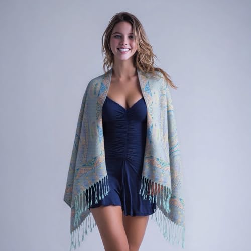TUSHUSTY Pashmina Feel Shawls Wraps Rave Scarf for Women Soft Silky Reversible Men Scarves Hijab - color: Light Blue Yellow