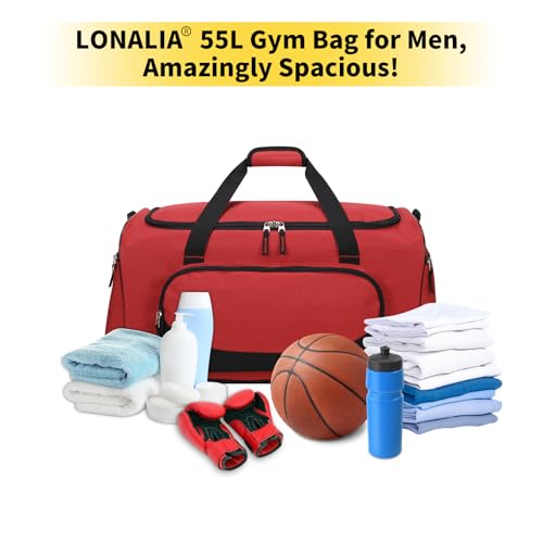 55L Large Gym Duffle Bag for Men, 22 inch, Red | Heavy Duty, Gym Duffel Bag, Multi Pockets, Spacious - color: Red