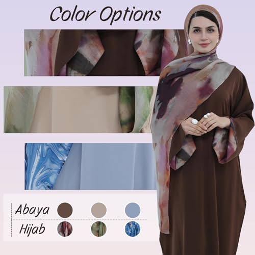 Printing Long Sleeve Abaya with Zipper for Women Dubai and Turkey Robe Spring and Summer Loose and Causual Dress - color: Coffee+hijab, size: Medium