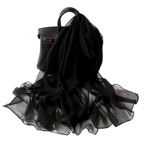 Black Silk-Feeling-Sheer-Scarf for Women Lightweight Chiffon-Scarves for Evening Dress Wedding Sunscreen Shawls-Wraps