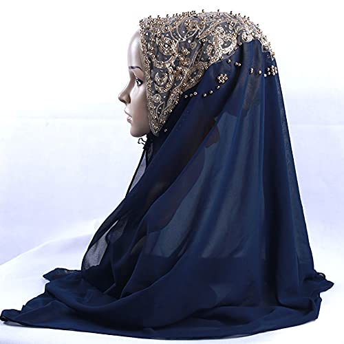 Women Fashion Chiffon Muslim Head Scarf Arabic Hijab Long Scarf Wrap - color: Beading Dark Blue