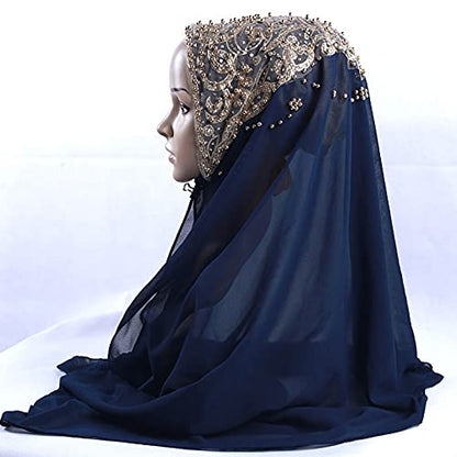 Women Fashion Chiffon Muslim Head Scarf Arabic Hijab Long Scarf Wrap - color: Beading Dark Blue