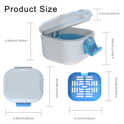BVN 2-in-1 Leak Proof Denture Soaking Cup with Strainer | Hygienic Storage Case for Dentures, Braces, Mouth Guards & Travel Retainers - color: White+blue