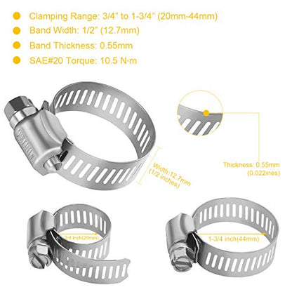 Winlong Stainless Steel Hose Clamps - 15 PK Worm Gear Drive Hose Clamps SAE Size 20 Clamping Range 3/4'' to 1-3/4 Inch (20mm-44mm) for Automotive Plumbing, 3/4'', 1'', 1 1/4'', 1 1/2'' - size: SAE#20 (3/4" ~ 1-3/4") 15PK