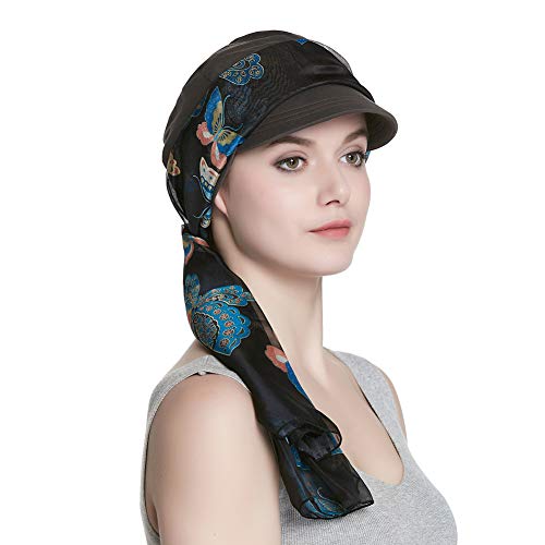 Alnorm Breathable Cotton Hat and Scarf Set Chemo Headwear for Women - color: Gray Butterflies