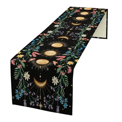 Vintage Moon Phase Table Runner, Boho Retro Flower Gothic Witchy Moonlit Botanical Plants Print Table Runner for Kitchen Dinning Bedroom Table Decor Home Party Holiday, 13x36 Inch - color: Moon Phase-7, size: 13"W x 36"L