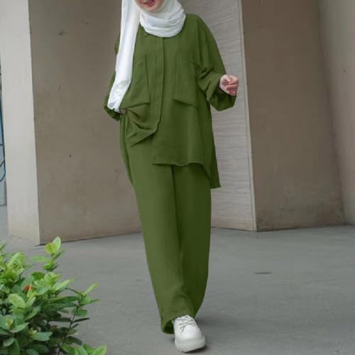 ODIZLI Muslim Long Sleeve Blouse Wide Leg Pants Suits Autumn Solid Abaya Women Matching Sets 2PCS Tracksuits Turkey Kaftan - color: Olive Green-pockets Button Down Shirt, size: 5X-Large