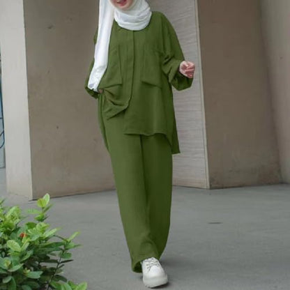 ODIZLI Muslim Long Sleeve Blouse Wide Leg Pants Suits Autumn Solid Abaya Women Matching Sets 2PCS Tracksuits Turkey Kaftan - color: Olive Green-pockets Button Down Shirt, size: X-Large