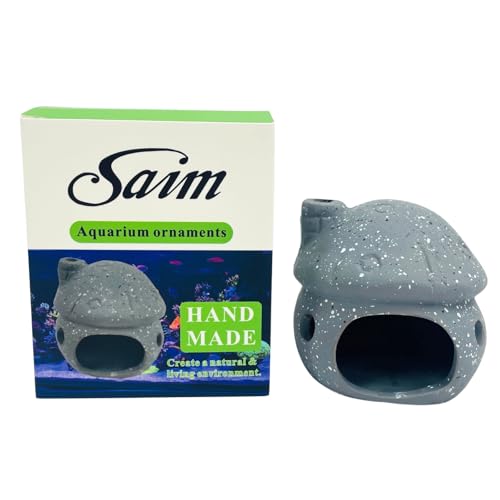 Saim Aquarium Decorations Mushroom House Ceramic Cave, Betta Fish Hideout Breeding Mushroom Cave Fish Tank Ornaments for Amano Shrimp Cichlid Bonsai to Play, Hide and Rest - Grey - color: Grey