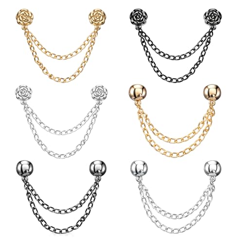 6 Pcs Magnetic Clothing Clips with Chain, Multi-Function Hijab Magnets Button No-Pin Styling Clip for Women T Shirt Clothes Cinch Clip Pant Cuff Scarf Shawl Cardigan (Gold, Silver, Black)