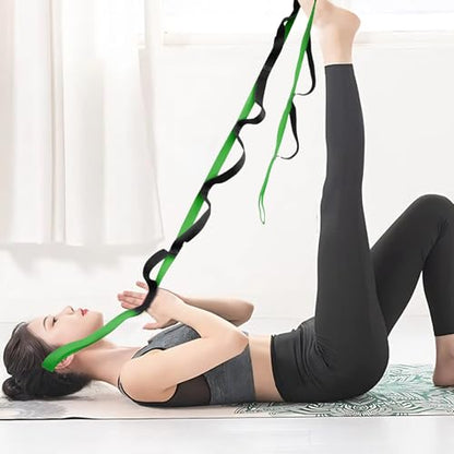 10 Loop Yoga Stretching Strap for Physical Therapy - Non-Elastic Exercise Band for Pilates, Yoga, Stretching for Women & Men - color: Green+Black