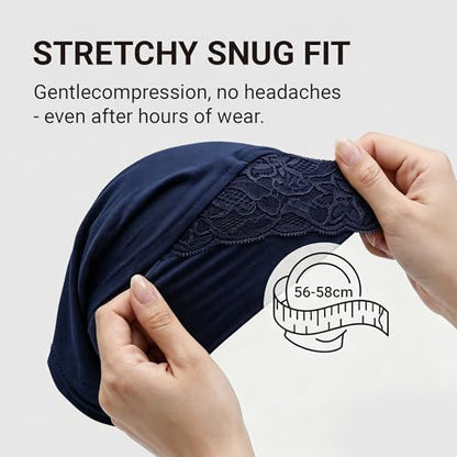 ZLYC Hijab Cap for Muslim Women Soft Stretchy Open-Back Underscarf Hat Breathable Inner Hijab Undercap - color: Lace Navy