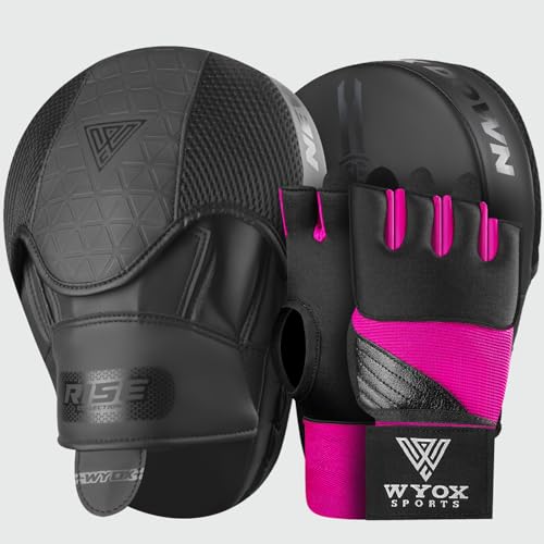 WYOX Gel Boxing Hand Wraps & Curved Focus Mitts Bundle for Men & Women Adults – 80cm Wrist Straps, Padded Knuckle Support, Neoprene Inner Glove Gel Padding, MMA Muay Thai Kickboxing Training Pads