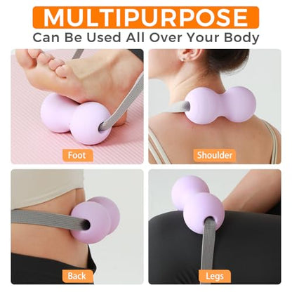 VICSKY Peanut Massage Ball with Adjustable Strap & Handles- Double Lacrosse Myofascial Release Ball, Deep Tissue Roller for Feet Neck & Legs, Muscle Pain Reliever, Easy Control (Purple) - color: A: Purple, Peanut Ball