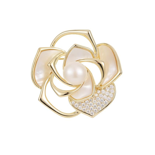 Stunning 14K Gold Moissanite Camellia Brooch，With Openwork Design and Pearl Embellishments ，Ideal Shawl Buckle Accessory & Beautiful Gift - color: Yellow Gold