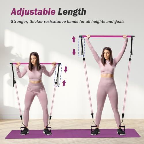 Upgraded Pilates Bar Kit with Resistance Bands Natural Latex for Women & Men, Heavy-Duty Stainless Steel Multifunctional Yoga Pilates Stick for Home Gym Exercise Fitness Equipment Full-Body Workouts - color: Purple Red