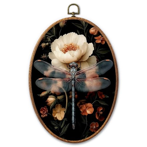 AYQJCBGC Vintage Dragonfly Oval Framed Wall Art, Cottagecore Retro Canvas Wall Decor, Dark Academia Framed Prints Hanging Decor for Home Bedroom Living Room, 8.3x11.6 Inch. (025) - color: Black Dragonfly