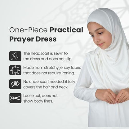 ihvan online Muslim Dress for Girls, Long Sleeve One-Piece Islamic Prayer Dress, Hijab for Kids, Girls Abaya, Islamic Gifts - color: White