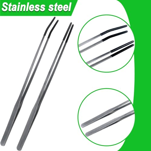 2Pcs Reptile Feeding Tong with Rubber Tip Aquarium Tweezers Stainless Steel Straight Curved Feeding Tong Long Handle Terrarium Feeder Tool for Tank Lizards Bearded Dragon Spider Snake (Silver, 15Inch) - size: 15Inch