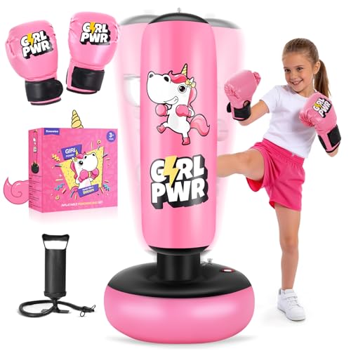 Inflatable Punching Bag, 66" Inflatable Boxing Bag for Kids with Boxing Gloves for 3-12 Girls, Stable Boxing Set for Practicing Karate, Taekwondo, Unicorn Toy & Gifts for Girls