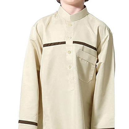 IDOPIP Kids Boys Muslim Thobe Islamic Arabic Kaftan Robe Loose Middle East Prayer Thobes Dress Modest Clothes with Pockets - color: Beige, size: 11-12 Years