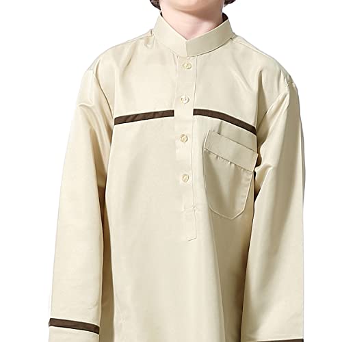 IDOPIP Kids Boys Muslim Thobe Islamic Arabic Kaftan Robe Loose Middle East Prayer Thobes Dress Modest Clothes with Pockets - color: Beige, size: 13-14 Years