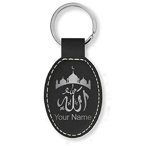 LaserGram Oval Keychain, Allah 2, Personalized Engraving Included (Black with Silver) - color: Black With Silver