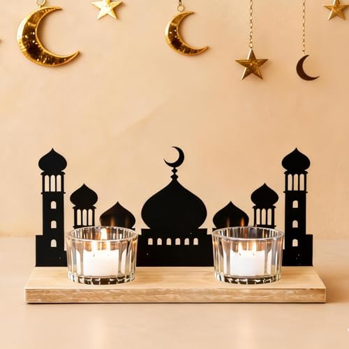 Wooden Ramadan Decorations for Home, Mosque Candle Holder with 2 Glass Tealight Votive Holders, Eid Mubarak Table Decor Centerpiece, Islamic Gifts for Ramadan Kareem, Muslim Home Decor
