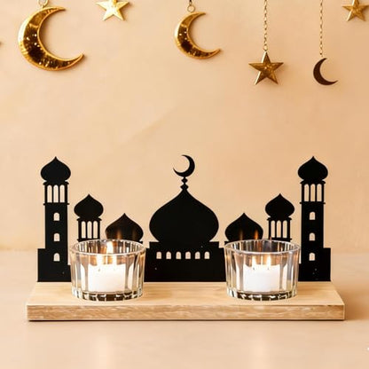Wooden Ramadan Decorations for Home, Mosque Candle Holder with 2 Glass Tealight Votive Holders, Eid Mubarak Table Decor Centerpiece, Islamic Gifts for Ramadan Kareem, Muslim Home Decor