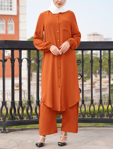 ODIZLI Women's Muslim 2 Pieces Sets Long Sleeve Button Down Shirt and Pants Abaya Casual Dress Dubai Outfits - color: Orange, size: Small
