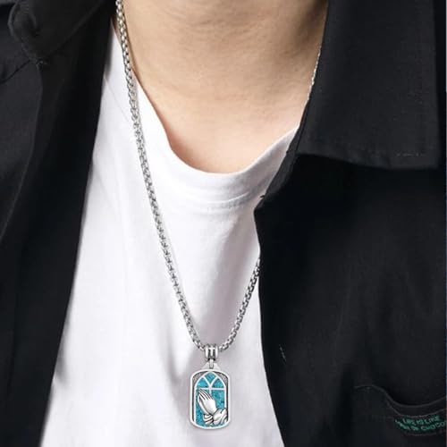Western Catus/Knights Templar/St Michael/Santa Muerte/Praying Hand/Spartan/Virgin Mary/Tetragrammaton/Wrestlers/Allah Necklace Sterling Silver Dog Tag Necklace Christian Jewelry Gifts for Men - style: Praying Hand