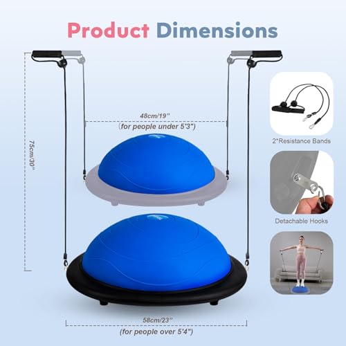 kisnbld Half Balance Ball Trainer, Inflatable 19/23 Inch Half Exercise Ball with Resistance Bands and Pilates Ball, Non-Slip 660lbs Capacity Yoga Ball for Home Gym Full Body Workouts - color: Blue